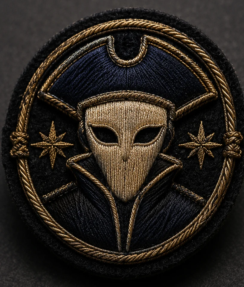 Image de conception de la Pièce 001 : insigne rond brodé, masque clair sous un tricorne, cerné d'un cordage d'or et de deux étoiles, sur feutre sombre.