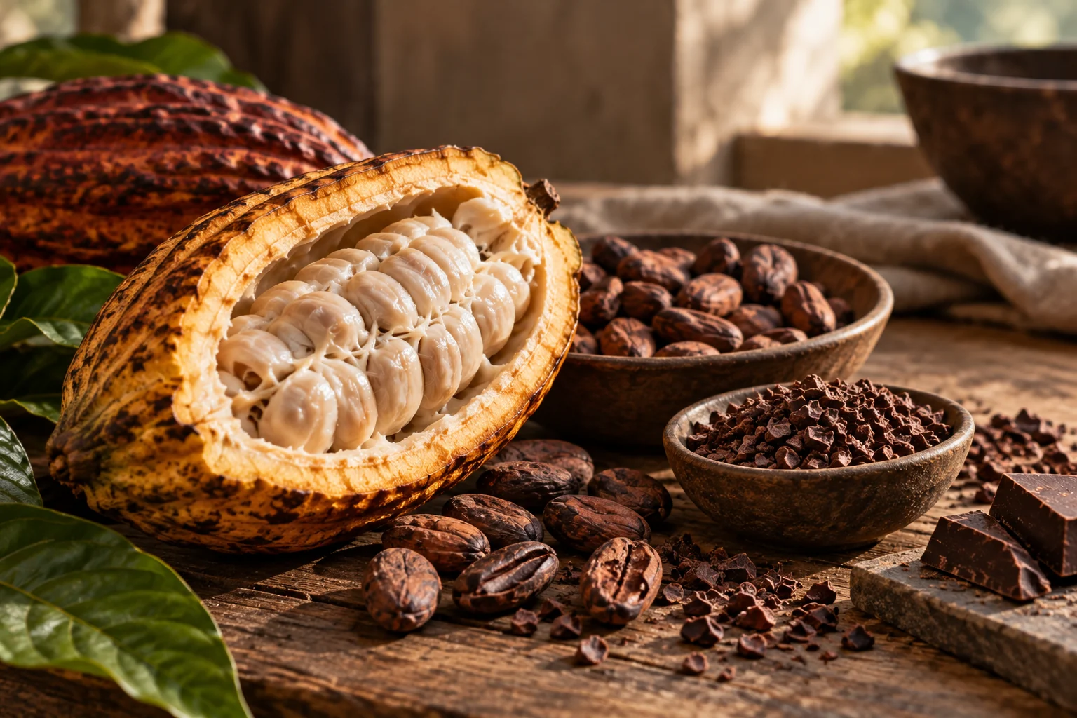 Cabosse de cacao ouverte laissant voir ses fèves enveloppées de pulpe blanche, posée sur un établi de bois brut, entourée de fèves torréfiées en écuelle, de grué et d'éclats de chocolat noir.