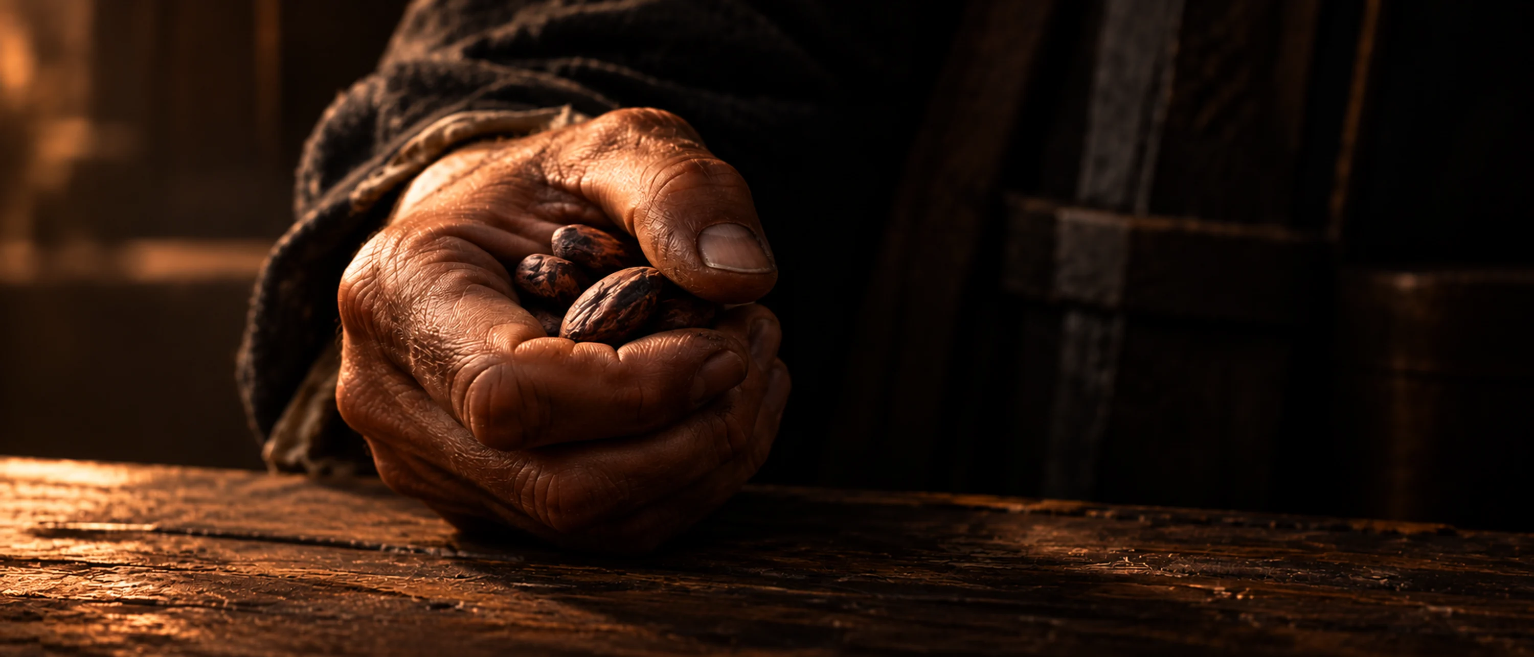 Illustration : la main d'un homme se referme sur quelques fèves de cacao, sur un plateau de bois dans une pénombre chaude.