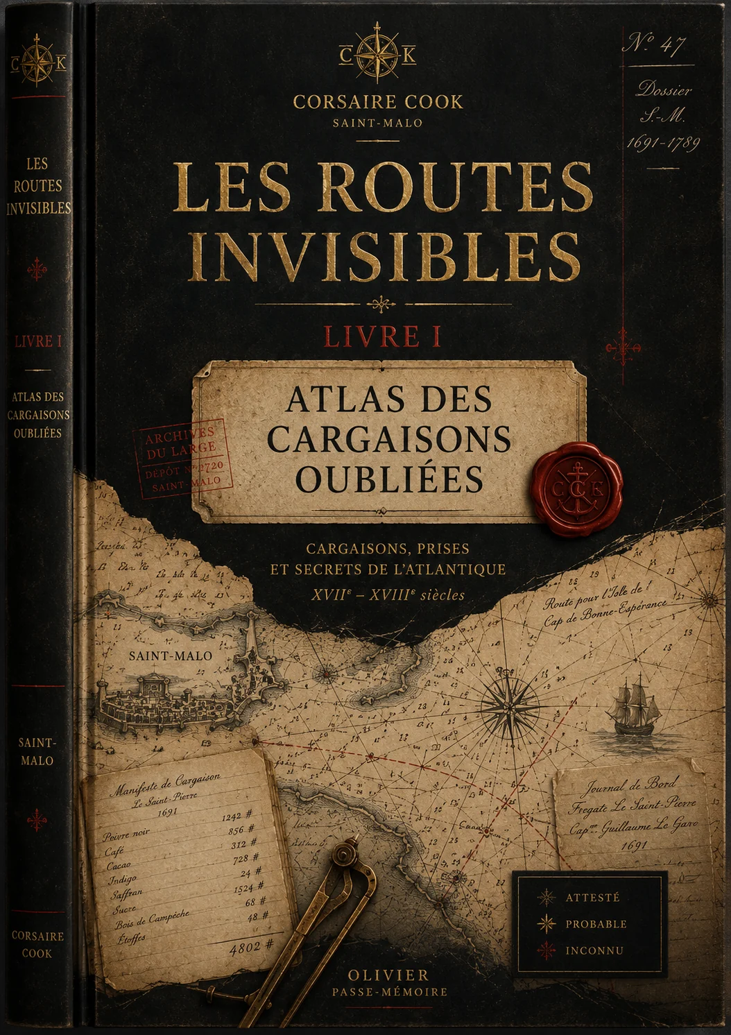 Couverture du Livre I, Les Routes Invisibles : reliure sombre au titre doré, carte maritime gravée de Saint-Malo à l'Atlantique, manifeste de cargaison et journal de bord manuscrits, compas et sceau de cire Corsaire Cook.