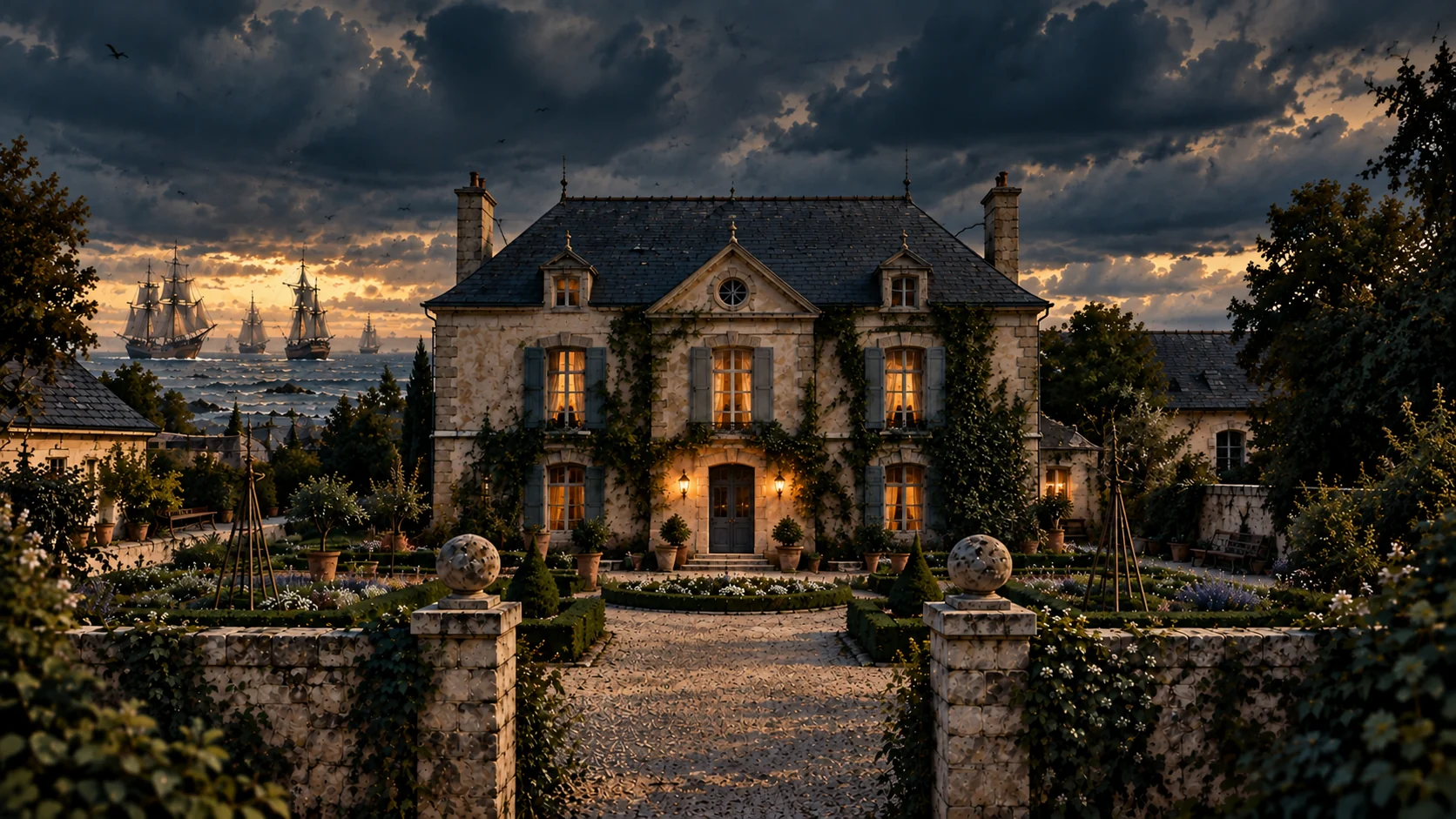 La Maison Corsaire Cook — malouinière du pays malouin inscrite dans une carte maritime, jardin clos et haute mer à l'horizon